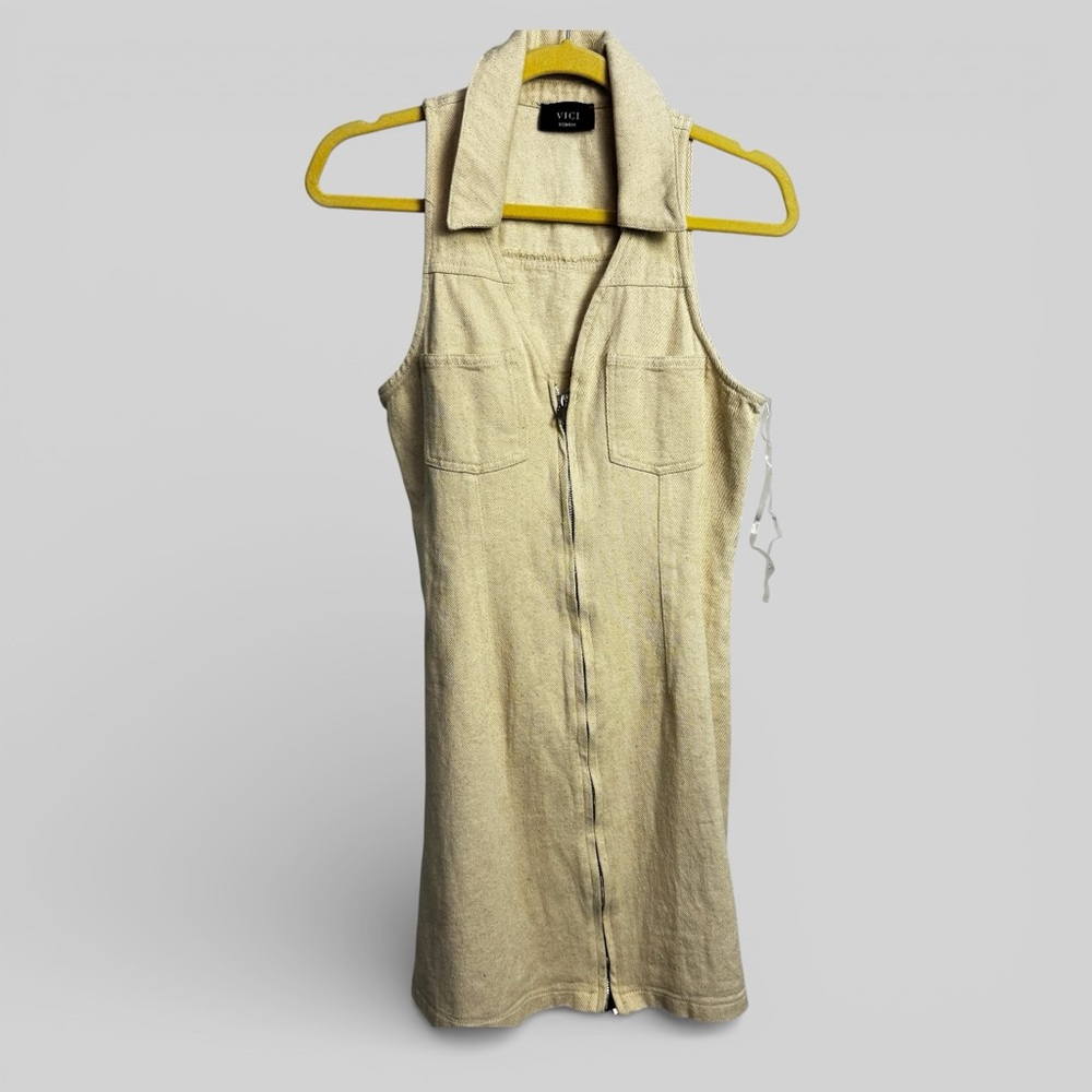 Vici neutral beige safari zip up sleeveless mini dress medium bodycon retro chic - Picture 1 of 7